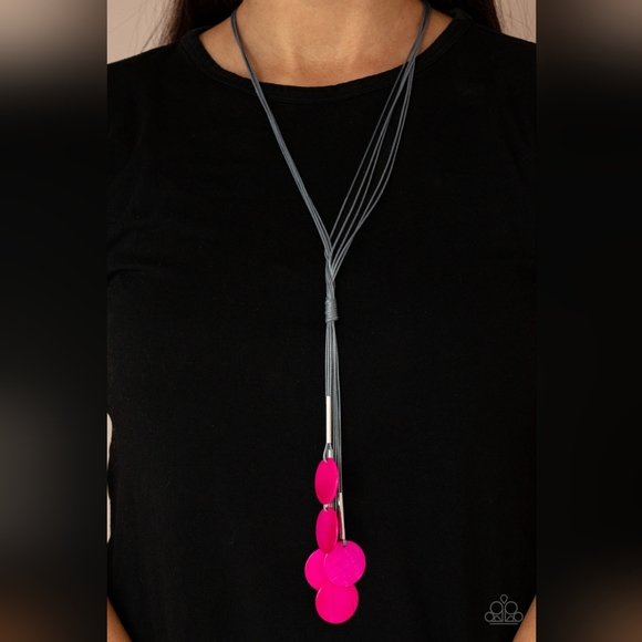 Paparazzi: Tidal Tassels, Pink Disc Grey Cord Necklace - Picture 2 of 4